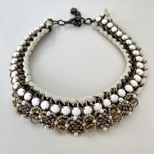 Pam Hiran White Gray Ribbon and Stone Collar Necklace